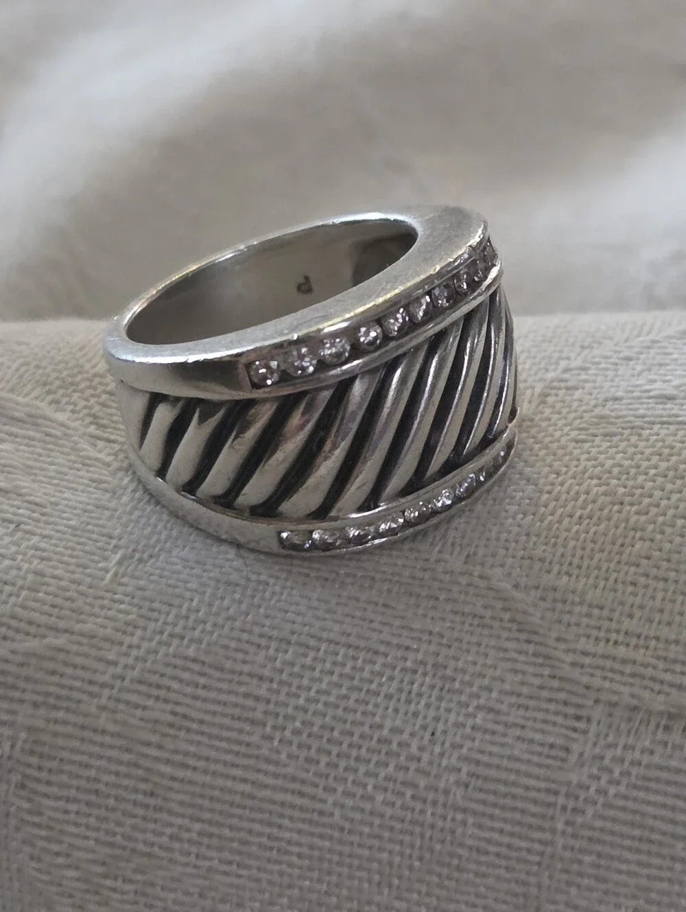 David Yurman Diamond Cable Cigar Band Ring, SS, Size 7